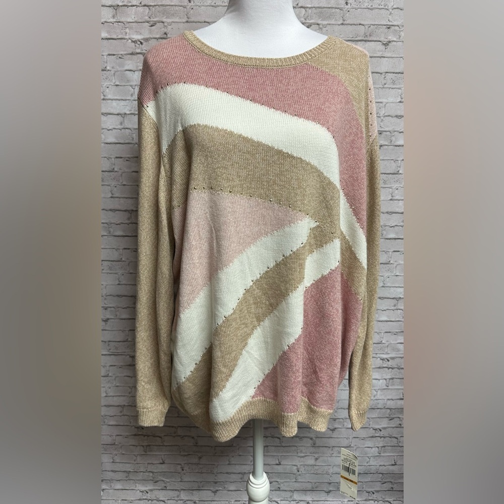 Alfred Dunner Plus Size 3X Womens Sweater Striped Beige Pink Long Sleeve NEW NWT